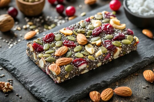Energy bar with chia seed, almond, pumpkin seed, cranberry and coconut on slate board, healthy snack for fitness diet