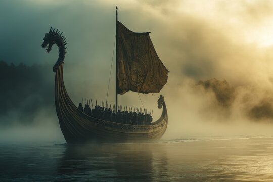 Ancient viking longship with dragon head misty sea dramatic sunrise silhouette historic ship warrior crew sailing vessel cinematic atmosphere