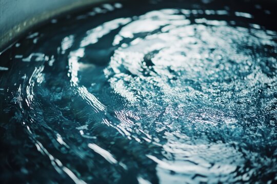 Abstract close up of swirling water with blue reflection and ripples, textured liquid surface and dynamic pattern