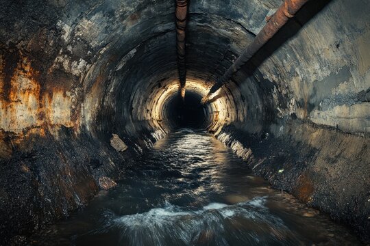Old sewer tunnel with flowing water, dark concrete pipe interior, rusty pipeline, wet drainage channel, underground passage, urban infrastructure