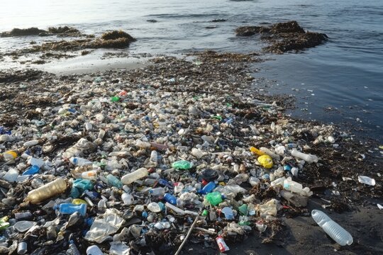 Polluted beach covered in plastic litter and debris near calm sea with trash on shoreline