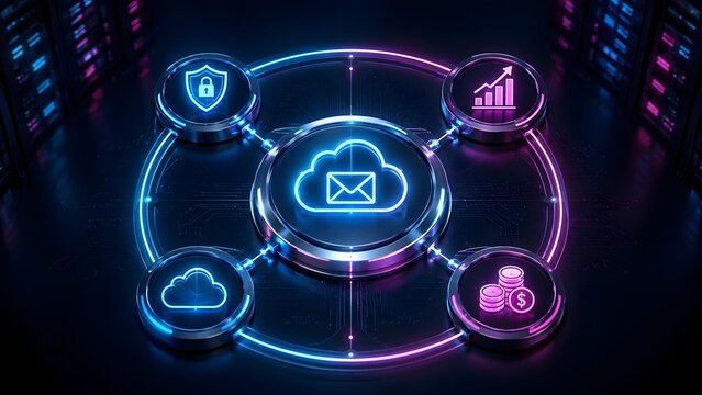 Neon illuminated futuristic cloud network with secure financial communication, encrypted mail, and banking nodes in dark server room