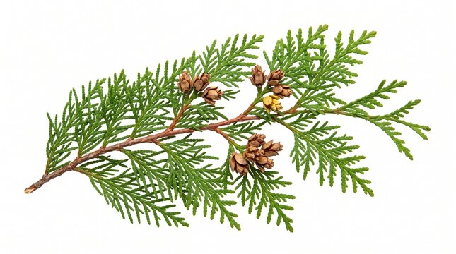 Green thuja branch with brown cones, fresh cypress cedar twig, evergreen coniferous foliage for winter holiday decor isolated on White Background