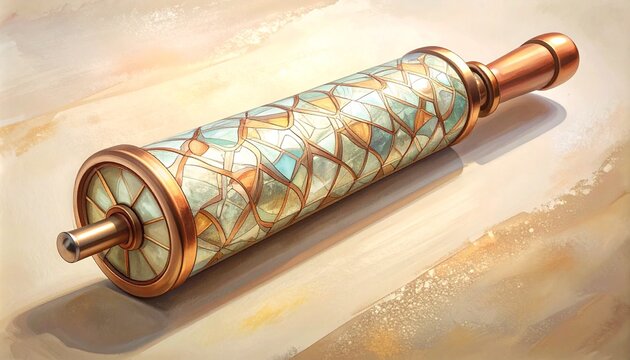 Ancient Scroll with Ornate Copper End Caps on Wooden Surface.
