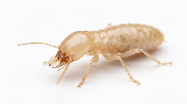 A close-up macro photograph of a pale, translucent termite with visible antennae and mandibles, isolated on a stark white background.