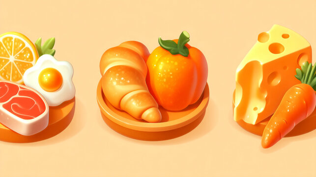 Three wooden plates with assorted food items including eggs meat and cheese, croissant