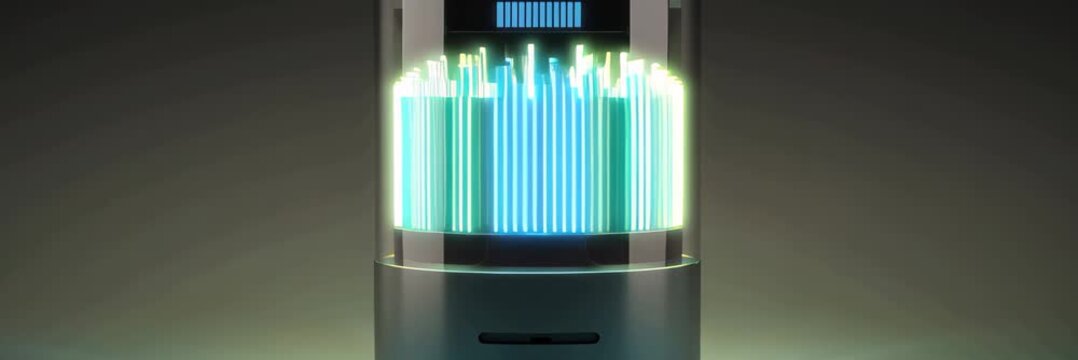 Glowing battery indicator in futuristic device, energy storage concept for technology website banner with copy space for text