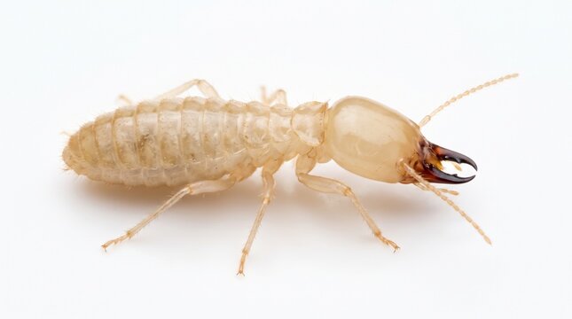 Close-up side view of a single pale termite with distinct head and mandibles on a white background, highlighting its segmented body.