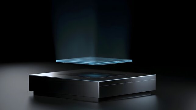 A translucent blue holographic square hovers above a dark metallic pedestal against a black background