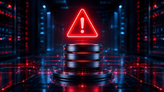 Glowing red warning alert triangle above data server stack symbolizing critical system error and cybersecurity threat