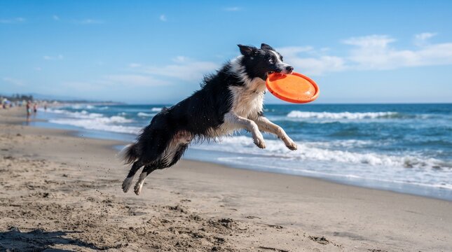 Energetic border collie jumping on beach, athletic dog catching orange disc in mid-air, active pet playing by ocean waves isolated on White Background