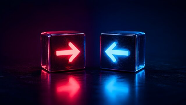 Red and blue glowing directional arrows on metallic cubes representing opposing network traffic and bidirectional data flow