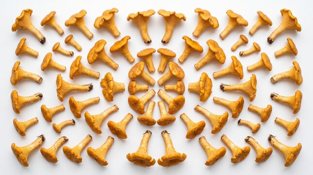Chanterelle mushroom pattern, golden wild mushrooms in symmetrical layout, fresh forest fungi for culinary design isolated on White Background