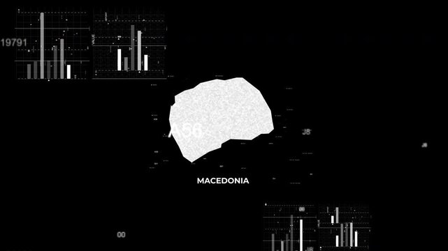 Macedonia map animation showcasing economy, infrastructure, technology, population, energy, trade, and national development data for presentations, films, documentaries, and motion graphics.