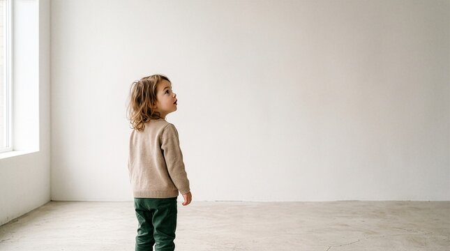 Curious Young Child Looking Toward Empty Copy Space with Wonder on Minimal Background