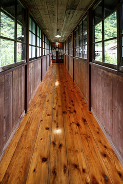 Traditional Japanese Wooden Corridor with Glass Windows Overlooking Lush Greenery