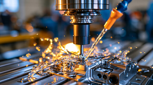 Front perspective of a state of the art CNC milling machine shaping a complex plastic mold insert with a high speed ball endmill cutter, crystal clear coolant droplets sparkling across the workpiece