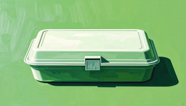 Empty plastic storage container with lid on green background.