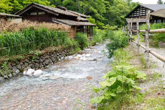 Traditional Japanese Rural Village Stream and Historic Wooden Houses
