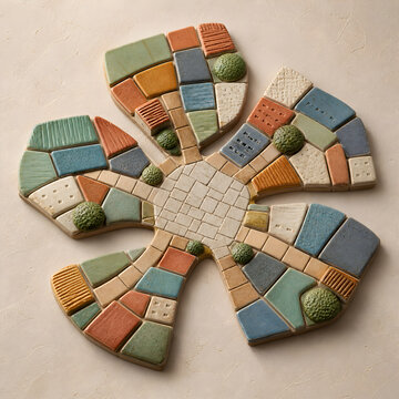 Handmade mosaic tiles forming an abstract neighborhood map
