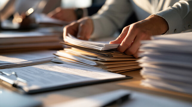 Records review table in an inspection office where cropped hands in light sleeves sort case folders and reference sheets faces outside the frame bright clean interior crisp