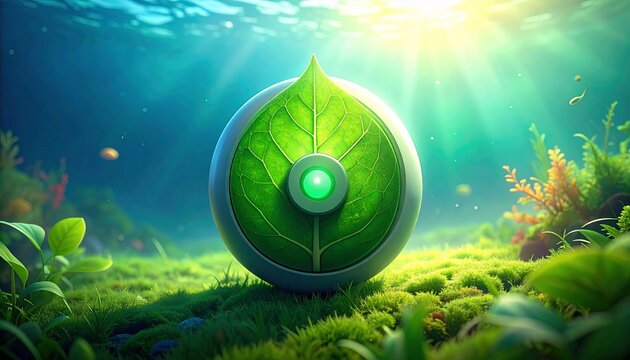 Mystical Green Leaf Sphere in Underwater Forest Light.