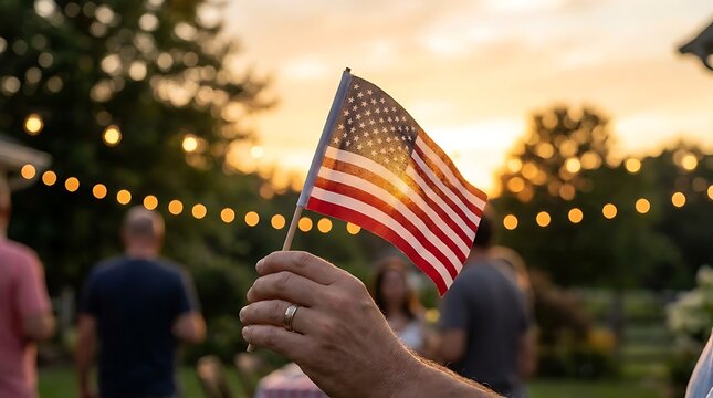 Hand holding American flag at outdoor gathering during sunset