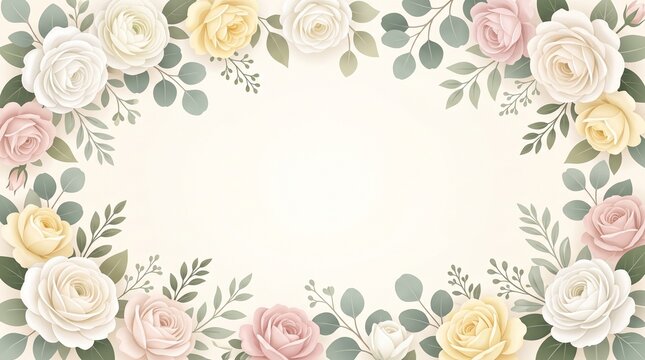 Elegant floral border, delicate pastel roses and eucalyptus leaves, romantic botanical frame, soft blooming flower arrangement for wedding invitations and greeting cards isolated on White