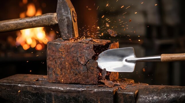 Blacksmith hammering hot metal on an anvil.