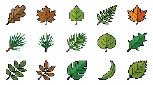 Pixel Art Autumn Leaves Icons - Set of Nature Elements