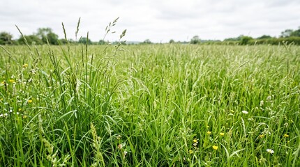 Fototapeta premium Lush green meadow, vibrant summer field of tall grass, natural outdoor landscape, tranquil rural environment, perfect for nature backgrounds and agricultural themes.