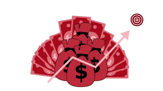 Money bags with upward arrow animation, Animation of money bags and bills with an upward arrow symbolizing financial growth