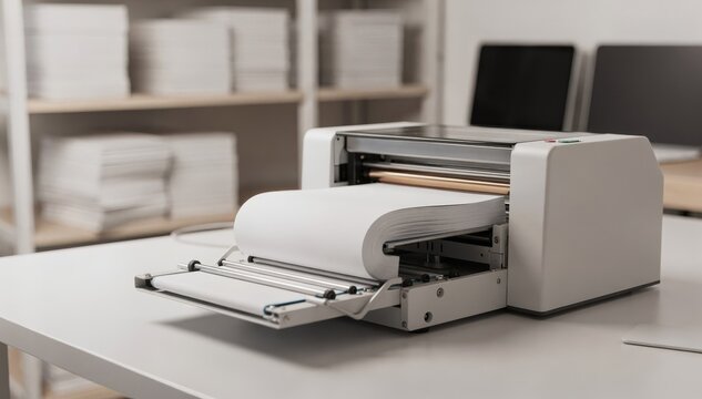 Focused medium shot of a micro print station producing a single selfpublished book with softlit shelves of blank paper and digital devices blurred behind.