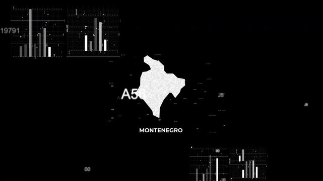 Montenegro map animation showcasing economy, infrastructure, technology, population, energy, trade, and national development data for presentations, films, documentaries, and motion graphics.