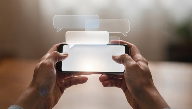 Shot of hands holding a mobile device with multiple comment bubbles popping up in realtime beneath a video the background intentionally out of focus.