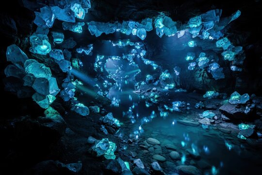A dark underground cave filled with glowing blue crystals reflecting in a calm pool of water with light beams illuminating the rocky cavern walls