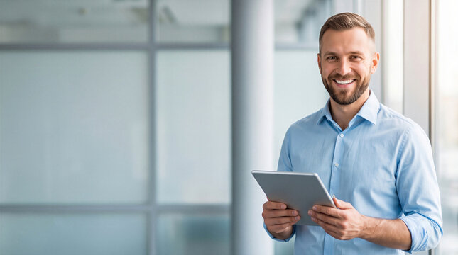 Confident smiling businessman holding a digital tablet in a bright modern corporate office workspace