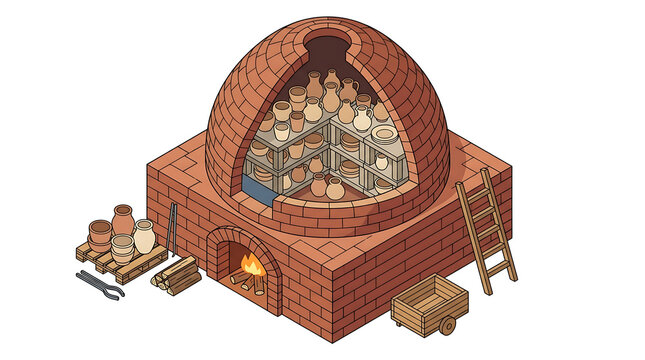Traditional Brick Kiln For Firing Pottery And Ceramics With Stacks Of Finished Clay Pots Ready For Collection And Wooden Ladder For Access To The Top Of The Structure
