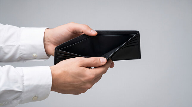 Man opening an empty black wallet. Concept for debt, inflation, middle-class squeeze, and low purchasing power