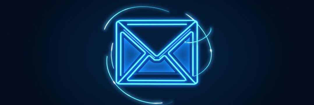 Glowing neon email envelope icon on dark background, communication concept for digital marketing website banner with copy space for text