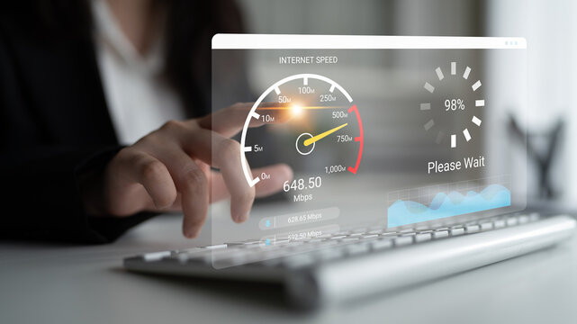 A sleek digital interface displaying internet speed results on a transparent screen, highlighting user interaction and performance monitoring in a modern office setting. Ledger