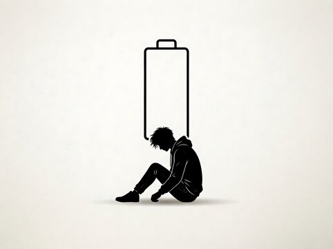 Silhouette of a tired person sitting under an empty battery icon representing burnout and exhaustion.
