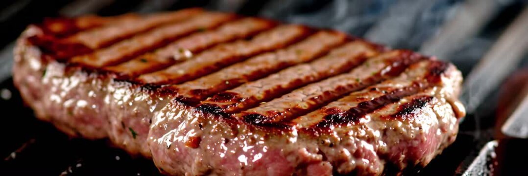 Juicy grilled beef steak with seared grill marks, barbecue concept for restaurant website banner
