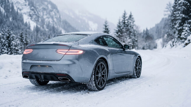 Grey generic sports coupe parked on a snowy mountain road.