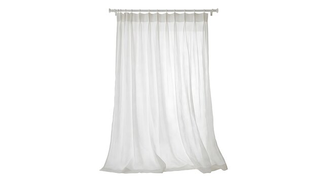 Elegant sheer white curtain hanging on a metal rod isolated on white background.