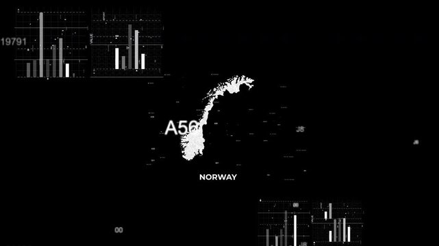 Norway map animation showcasing economy, infrastructure, technology, population, energy, trade, and national development data for presentations, films, documentaries, and motion graphics.