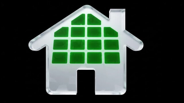 Glass House Icon with Animated Green Solar Panels Representing Smart Home Technology and Sustainable Real Estate