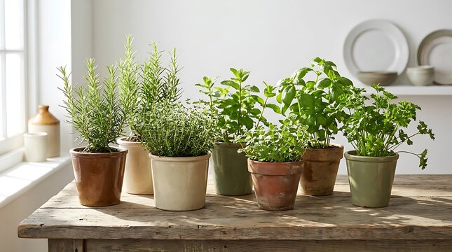 Fresh green herbs growing in clay pots on a rustic wooden table in a sunny home kitchen for cooking. small garden setup