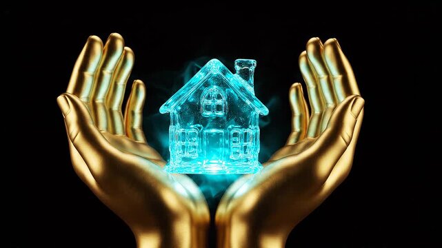 Golden Hands Holding a Glowing Crystal Smart Home Concept for Real Estate and Proptech Innovation Protection