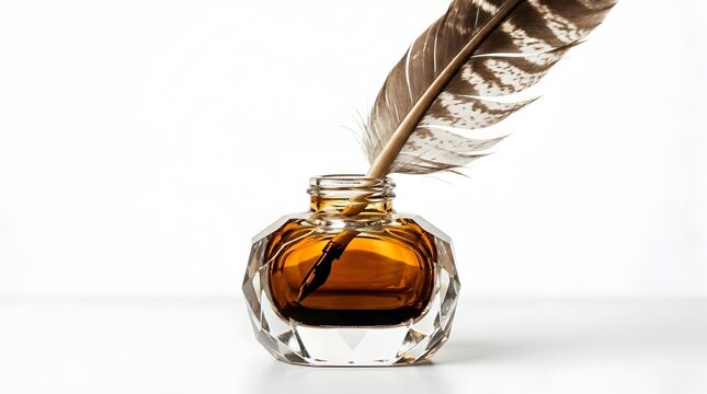 Antique Glass Ink Bottle with Feather Quill Isolated on White Background, Vintage Writing